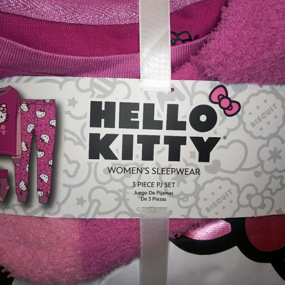 Hello Kitty Fuschia & Mauve Three Piece Top, Pants & Fuzzy Socks Pajama Set - Picture 2 of 6